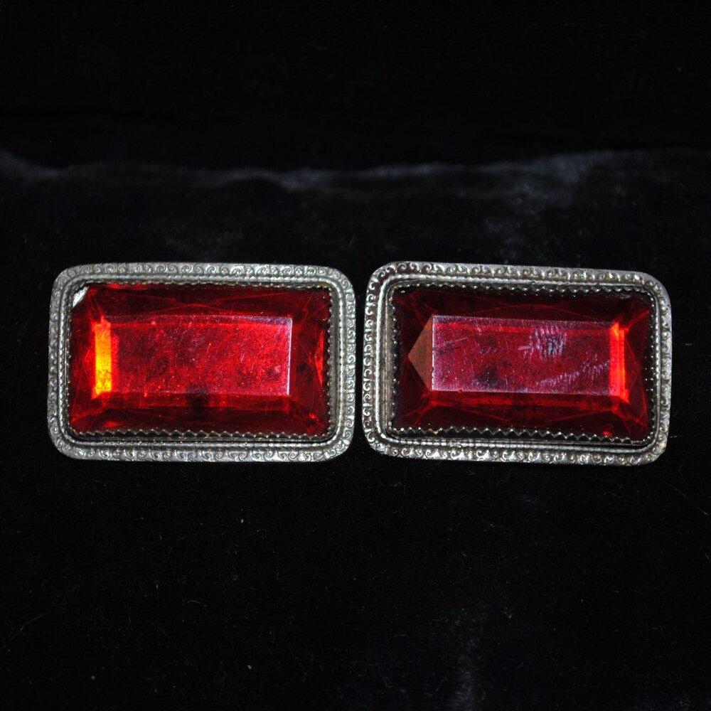 Antique Matching Pair of Oversized Ruby Czech Glass Sash Brooches